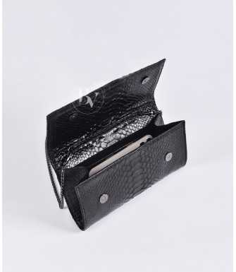 Bomani Genuine Python leather clutch in black with feathers