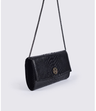 Bomani Genuine Python leather clutch in black with feathers